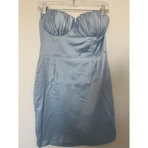 Naked Wardrobe Statement Pale Blue Strapless Satin Mini Dress NEW